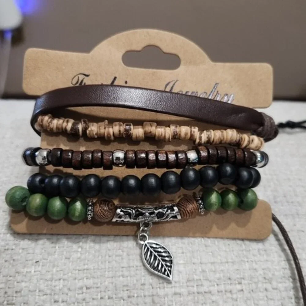 Nwt Unisex Multi-Layered Bracelet Set - Brown, Black, Green